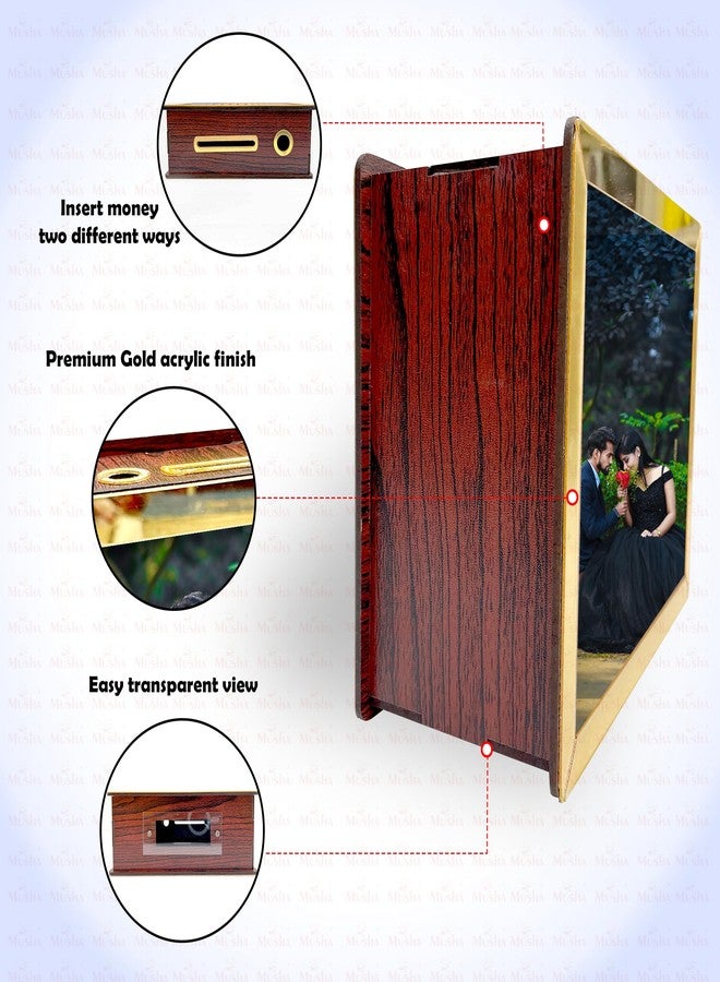 MUSHA Reusable Wooden Modern Money Saving Box | MDF Piggy Bank with Gold Acrylic Borders | 6x4, 6x8, 12x8 Inch | Custom Photo & Savings Tracker | Dual Slot Design | Transparent Bottom Cover (12x8) - Image 4
